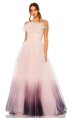 A woman wears the Long Formal Dress 20557 by Mac Duggal, a strapless ball gown with a tulle skirt in pink and purple ombre shades and an ombre feather-trimmed bodice.