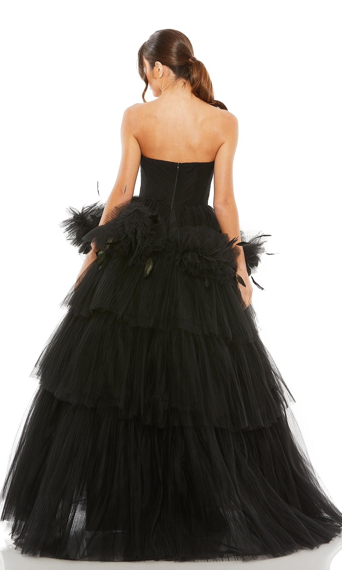 mac duggal sequin tiered long sleeve tulle dress Mac Duggal Strapless Tulle Prom Gown with Feather Detail Rose, Size 8