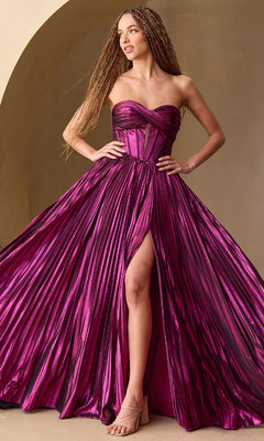 Woman wearing a strapless, floor-length purple gown with a slit on a beige background