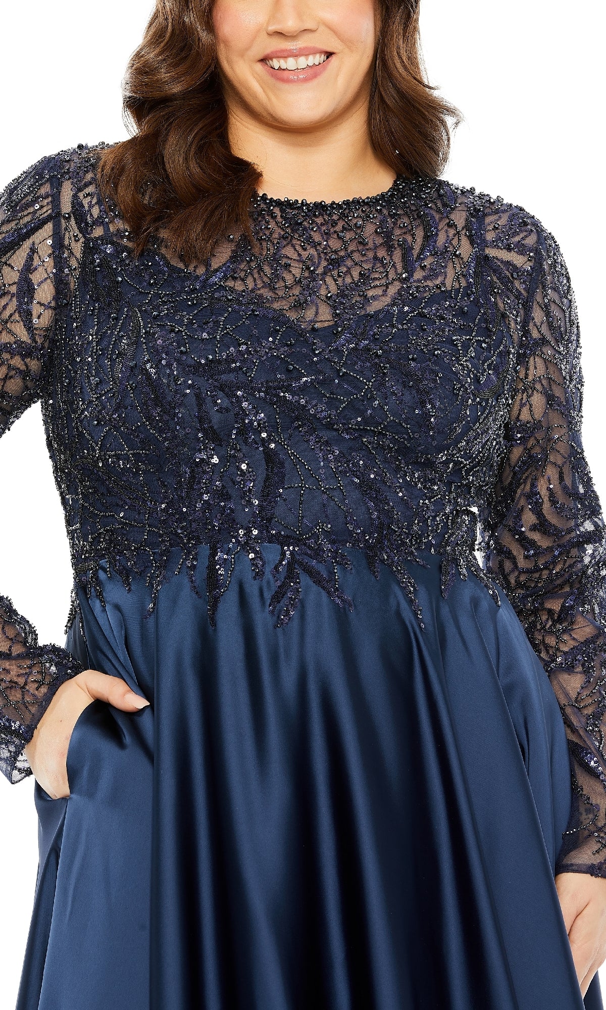 Close-up of a woman wearing the Plus-Size Long Blue Formal Dress: Mac Duggal 20619, showcasing a beaded bodice with lace-detailed sleeves and a flowing satin skirt.