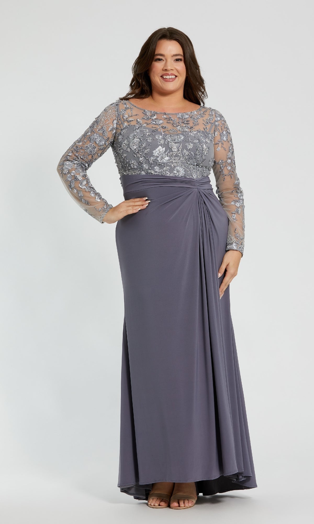 Mac Duggal Women's Plus Floral Embroidered Top With Ruched Detail Jersey Skirt Gown - Gray - Size 20