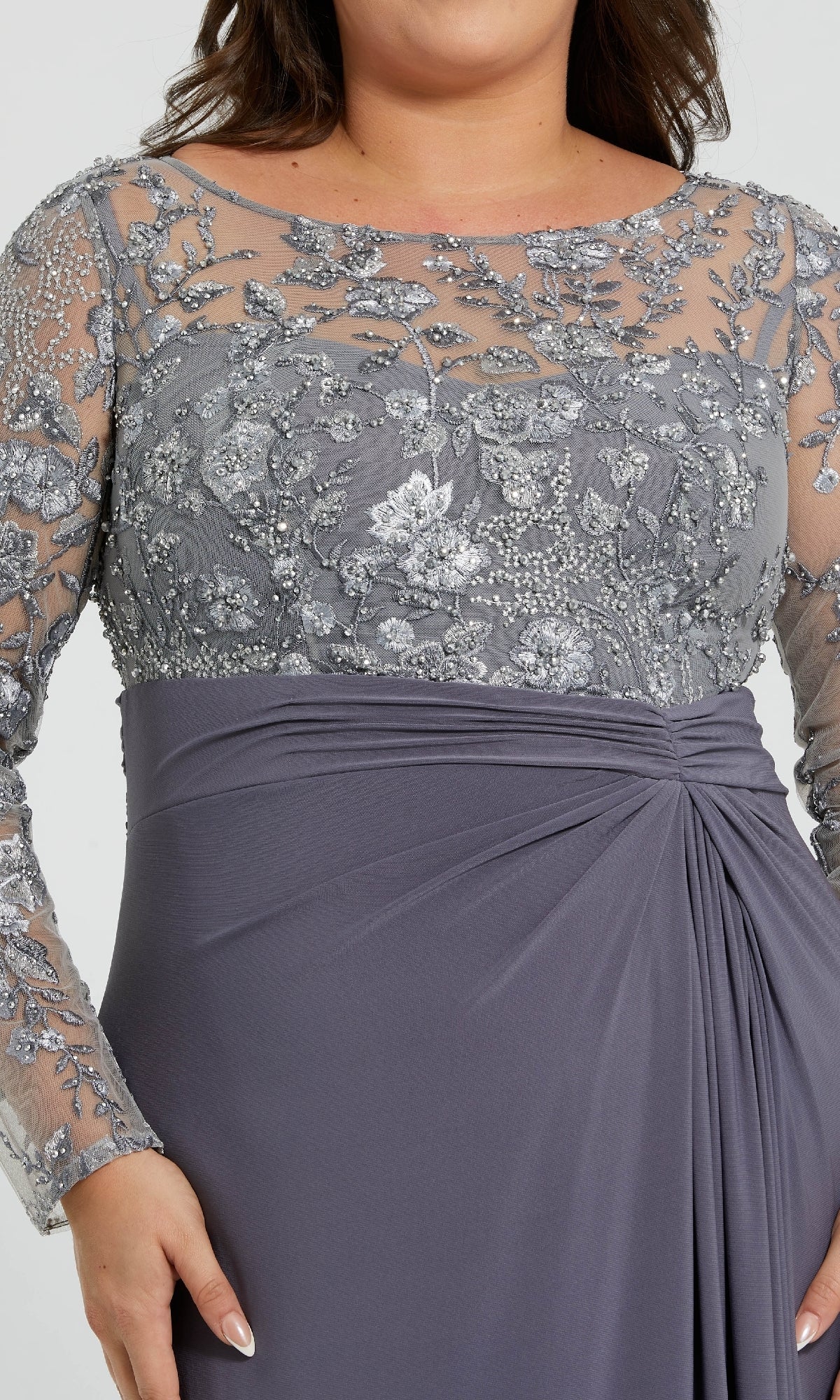slim fit dress slacks Mac Duggal Wedding Guest Gray Embroidered Top Jersey Skirt Gown (Plus) Charcoal Size US 14W