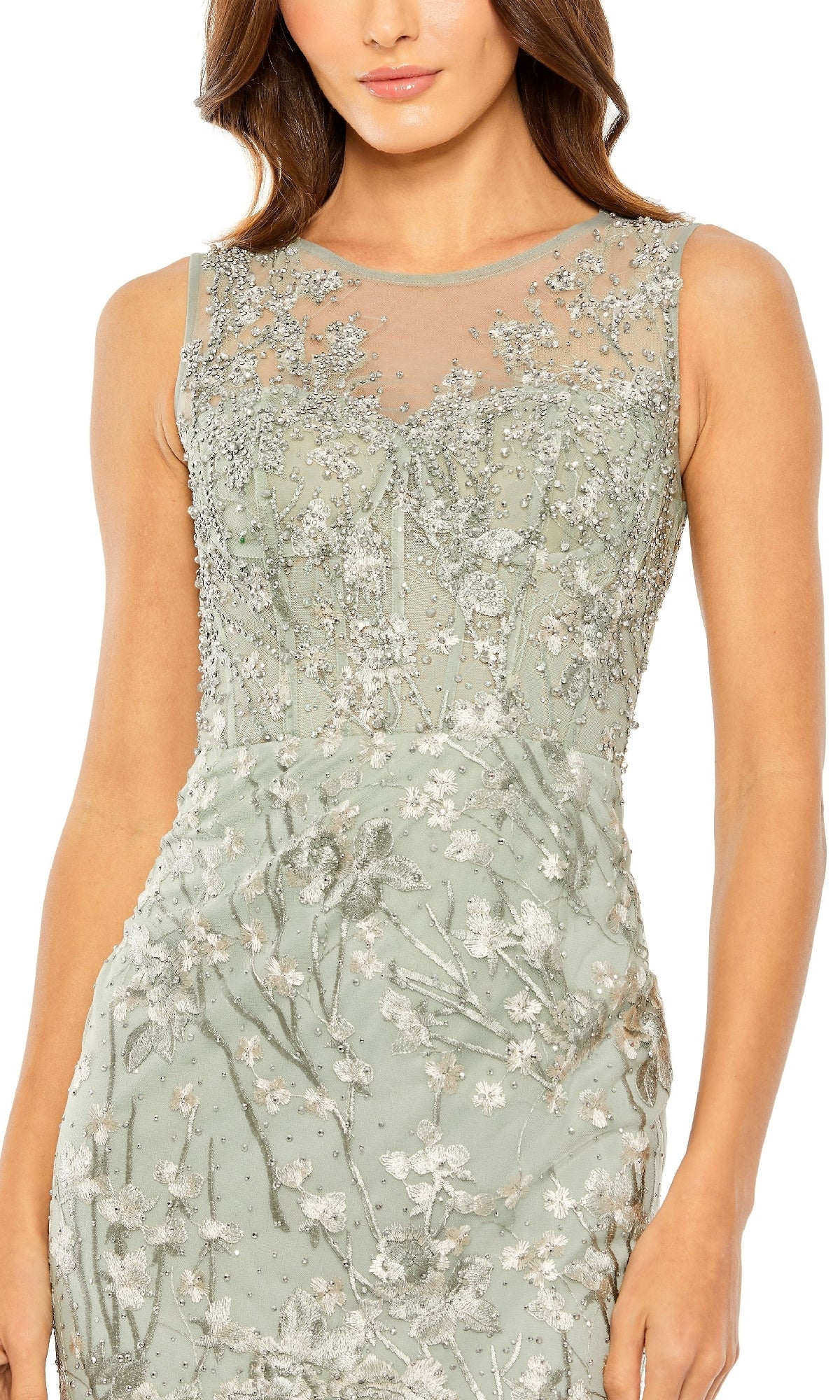 Mac Duggal - Green Sleeveless Embroidered Trumpet Midi Dress - Sage Multi / US 8 Mac Duggal - Green Sleeveless Embroidered Trumpet Midi Dress - Sage Multi / US 8