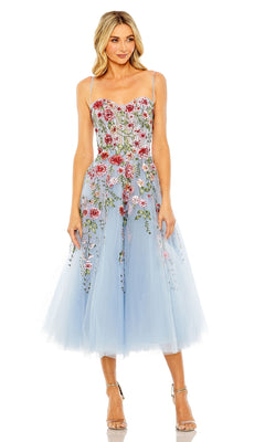 A woman wears the Mac Duggal 20651 Floral Embroidered A-Line Midi Dress with thin straps and tulle skirt, standing against a white background.