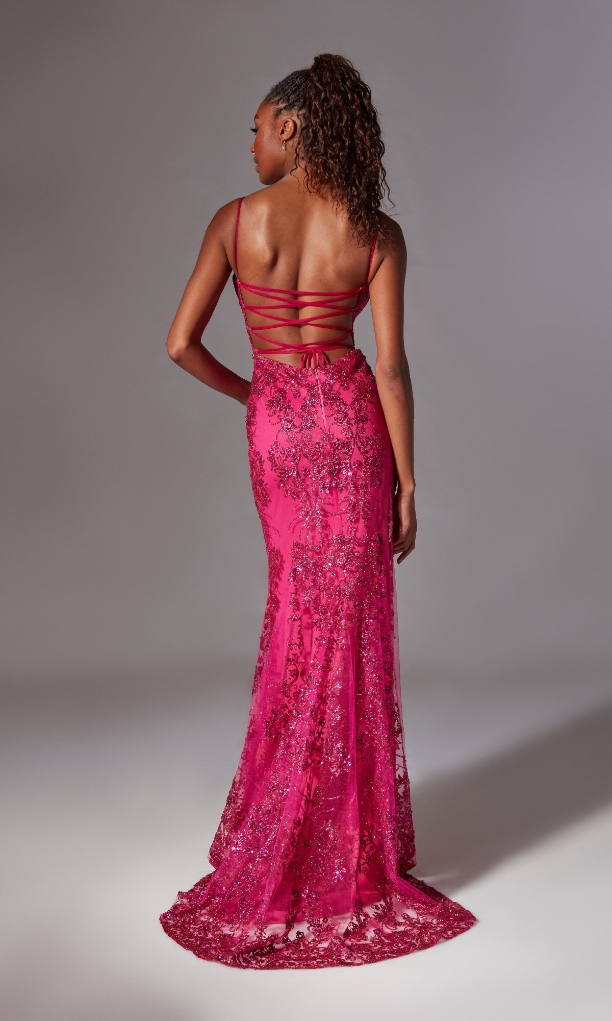 Long Glitter-Print Prom Dress with Strappy Open Back Midnight / 16