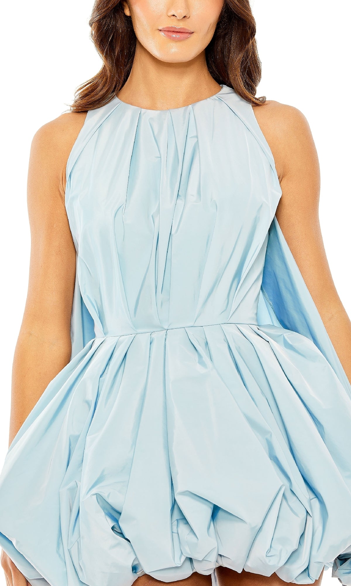 Woman wearing the Short Blue Bubble Cocktail Dress: Mac Duggal 20704, a sleeveless light blue cocktail dress with pleated details, against a white background.