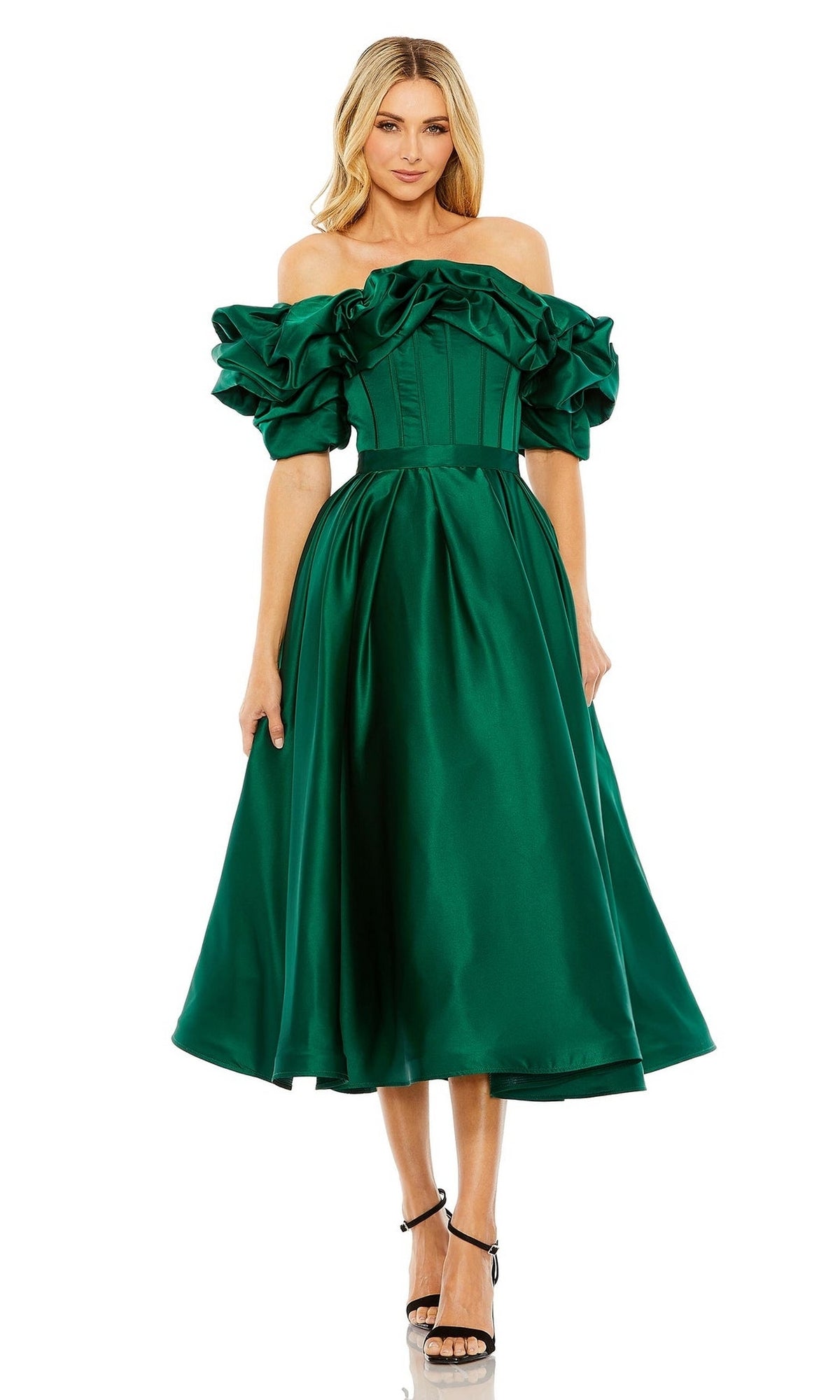 Mac Duggal - Green Off The Shoulder Tea Length Dress - US 10 Mac Duggal - Green Off The Shoulder Tea Length Dress - US 10