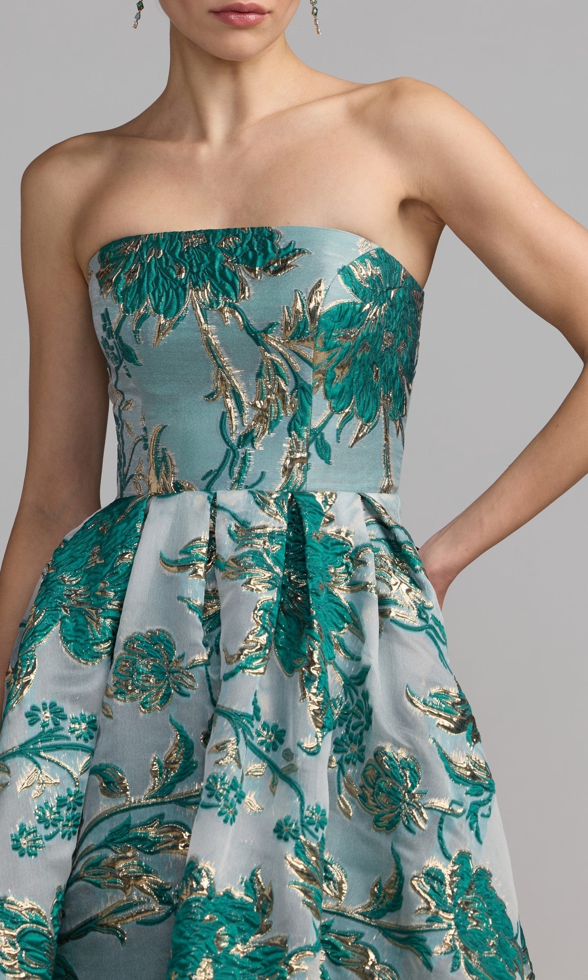 Teal Strapless Brocade Midi Dress with Pockets