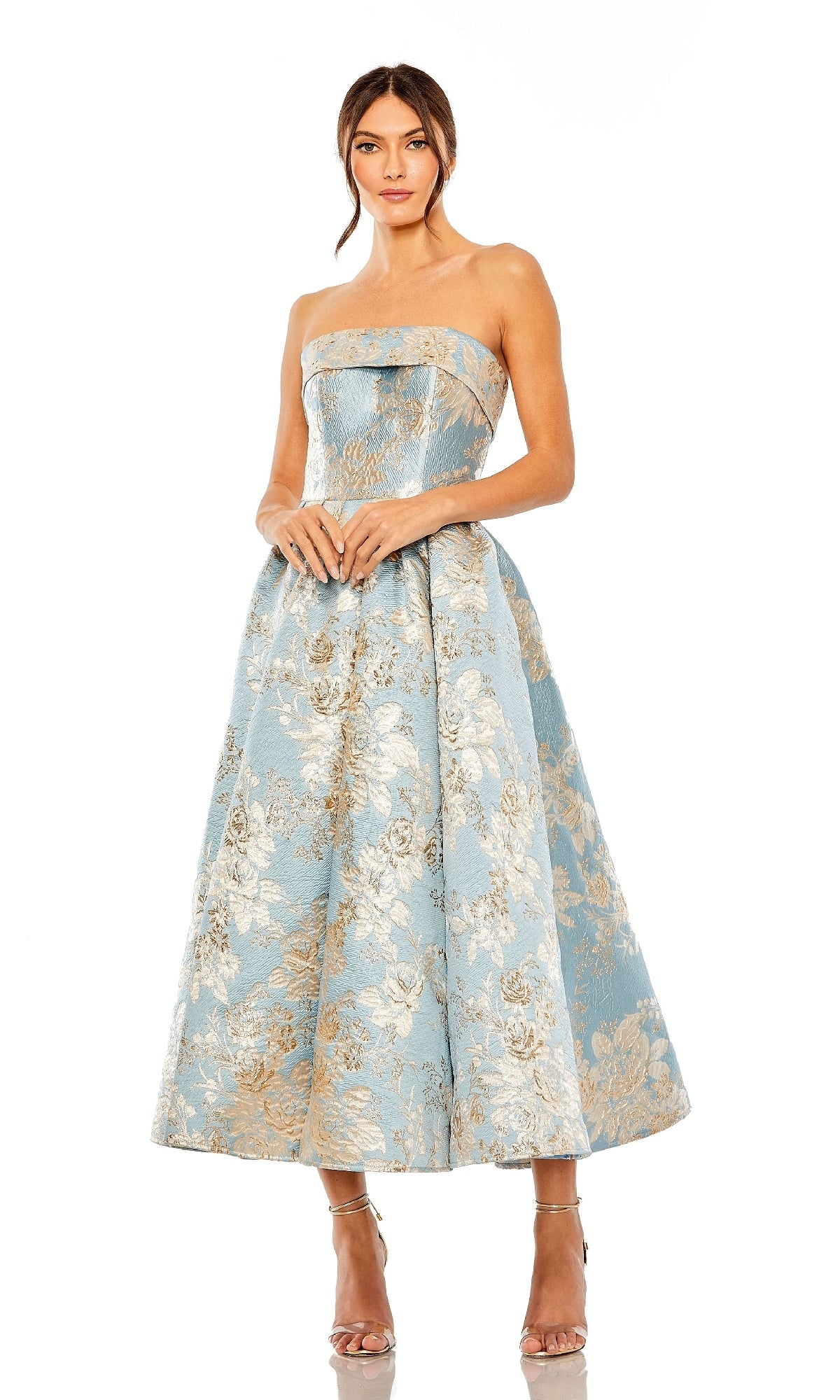Blue Brocade Wedding Guest Dress: Mac Duggal 20726