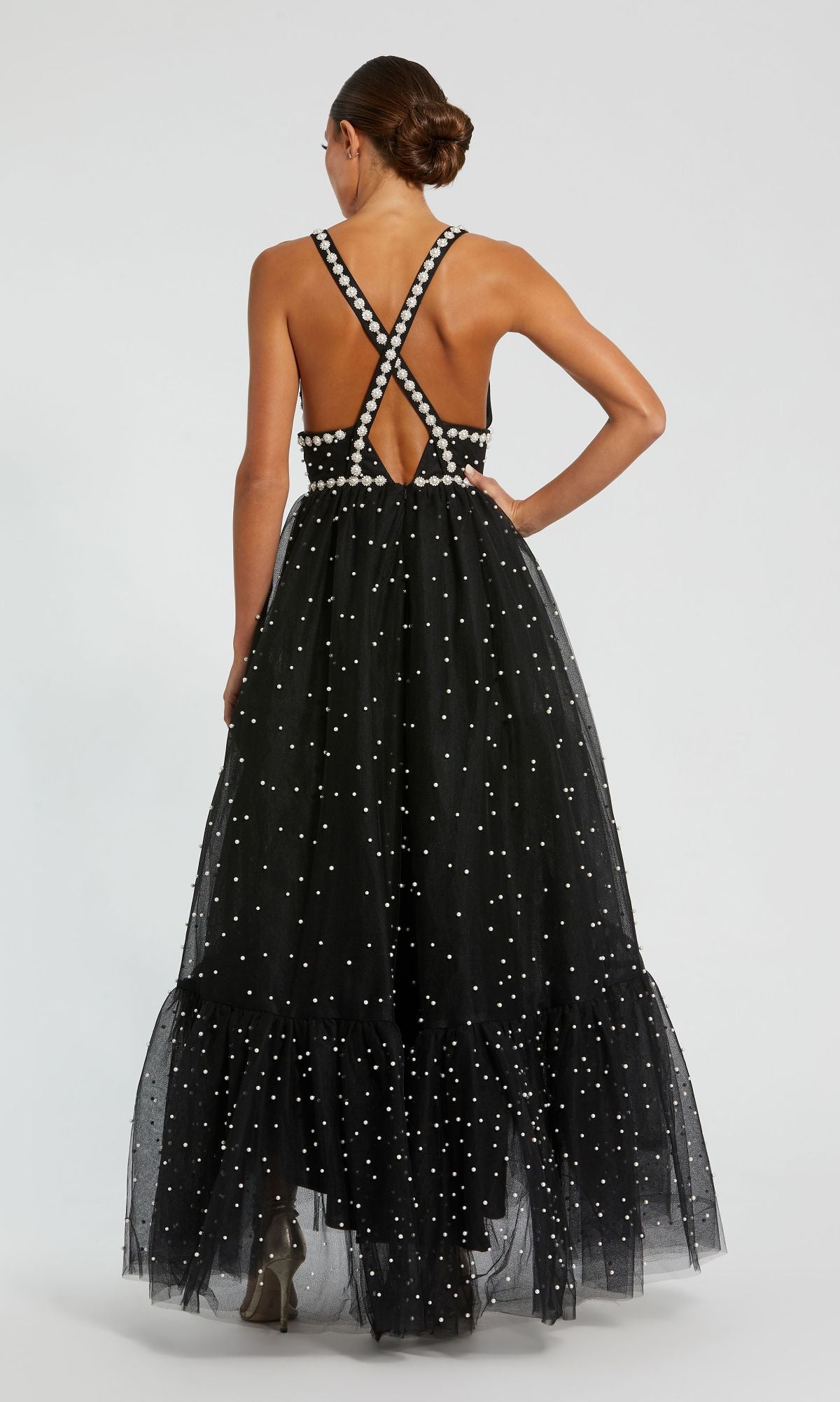 black dress with white pearls Black Pearl Beaded High Low Gown