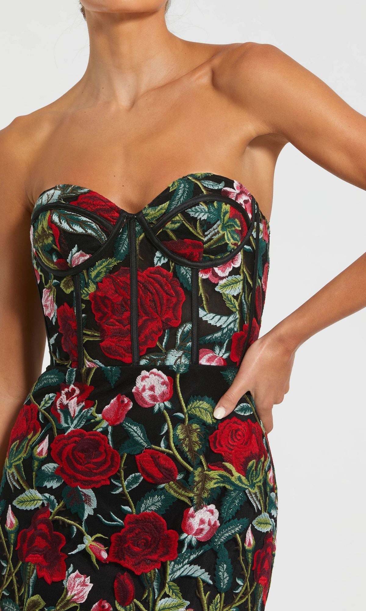 Mac Duggal - Black Sheer Bustier Top Floral Applique Gown