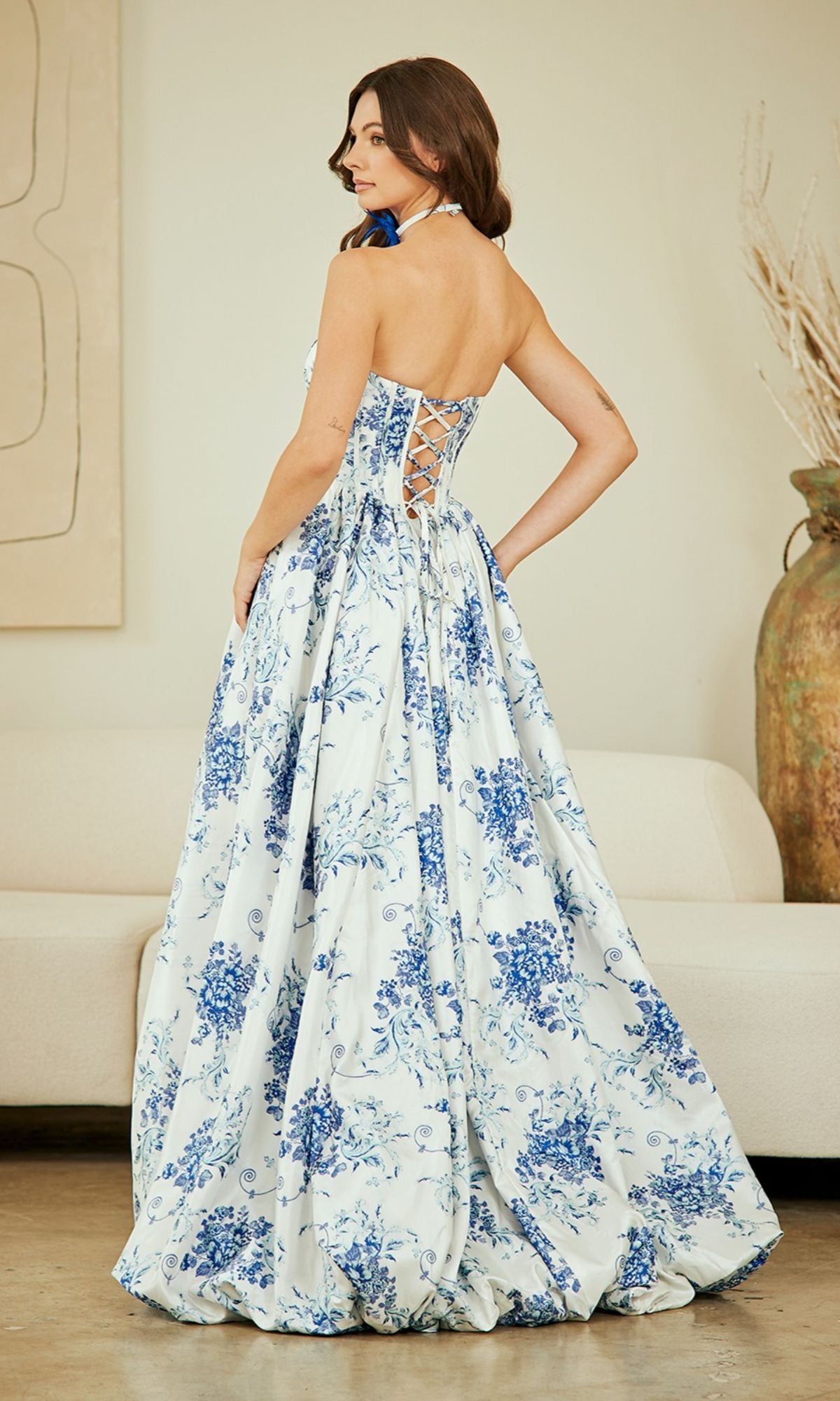 amelia floral maxi dress Strapless Long Print Prom Dress with Bubble Skirt Blue / 6