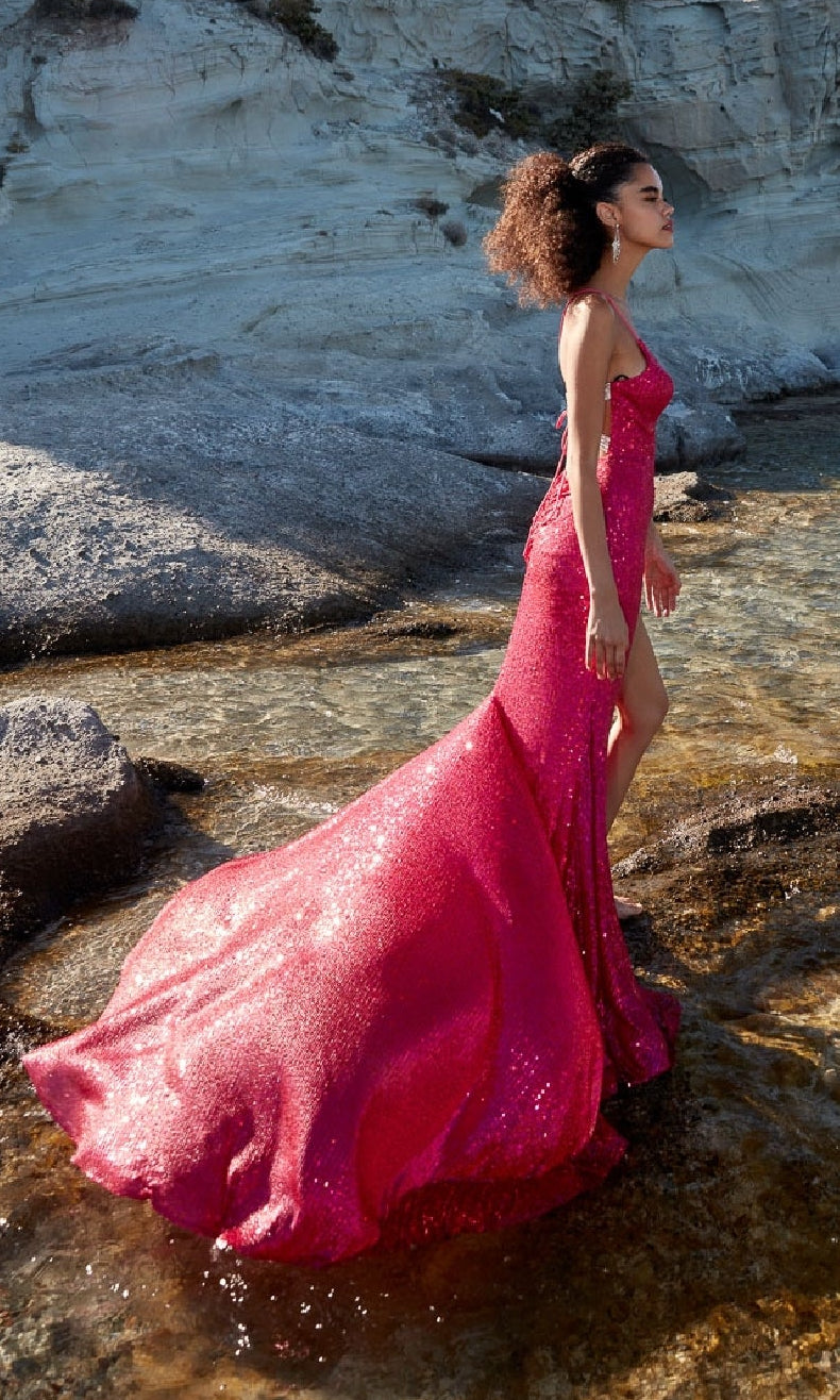 Strappy-Back Long Sequin Prom Dress with Train Royal / 6