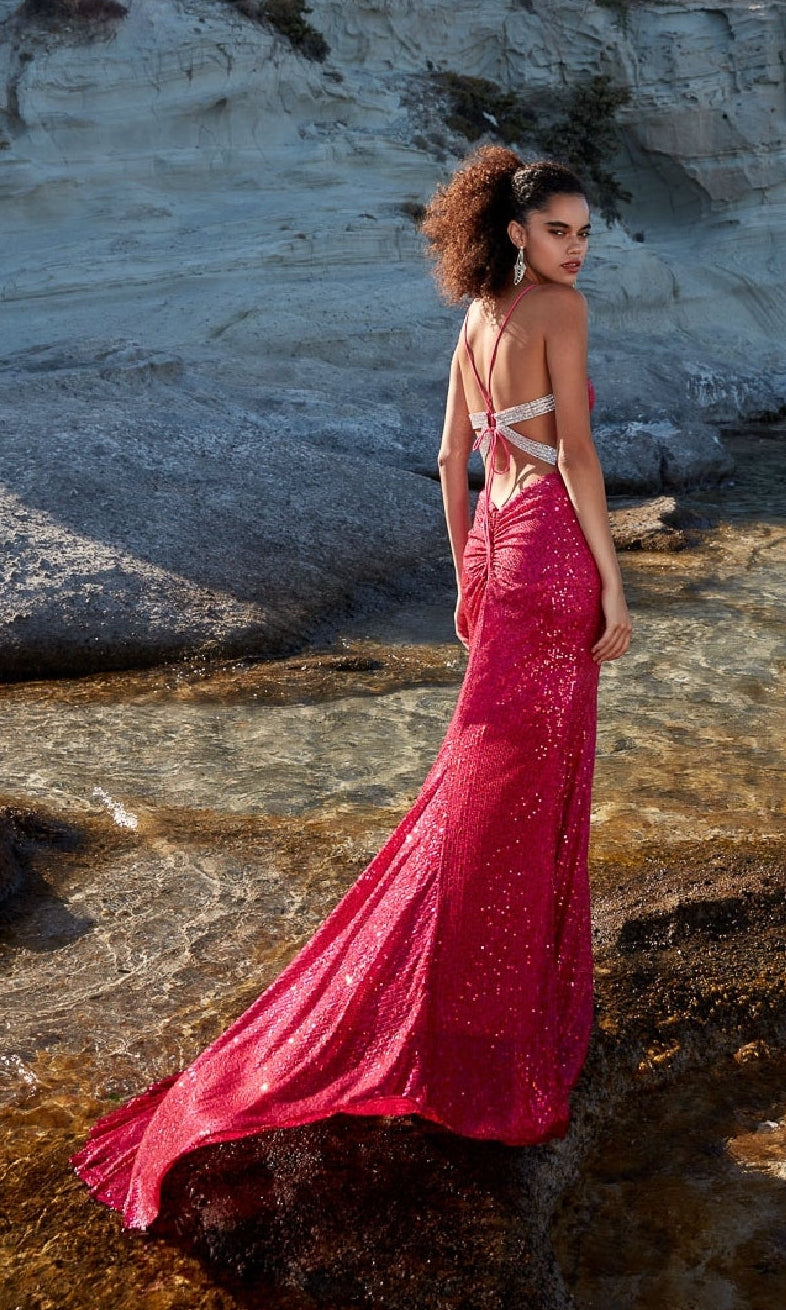 Strappy-Back Long Sequin Prom Dress with Train Royal / 6