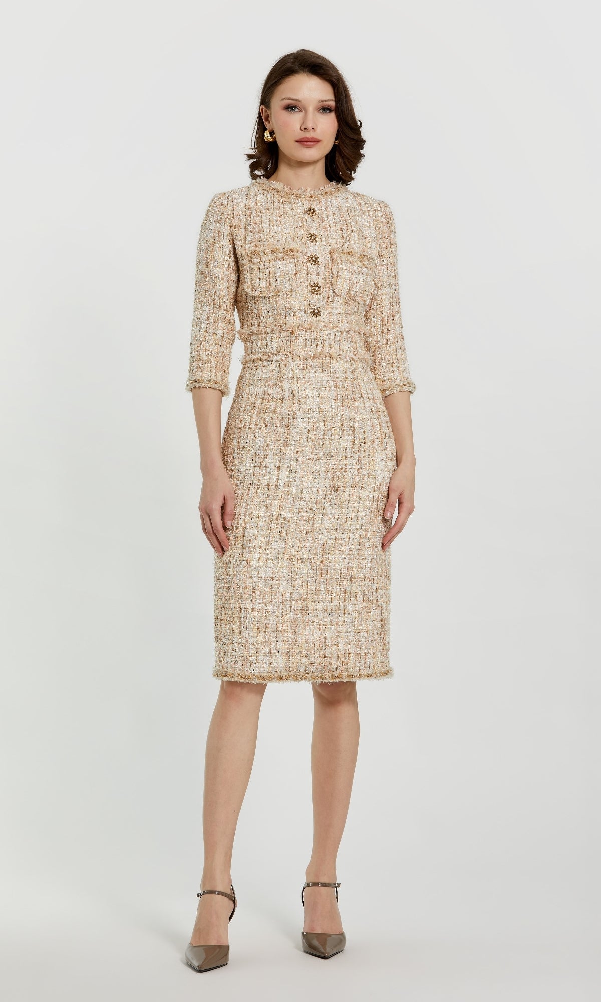Tweed Knee-Length Career Dress with Long Sleeves