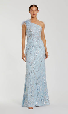 A woman models the Mac Duggal 20887, a long blue glitter formal dress with a one-shoulder design, feather details, and floor-length silhouette, standing against a plain background.