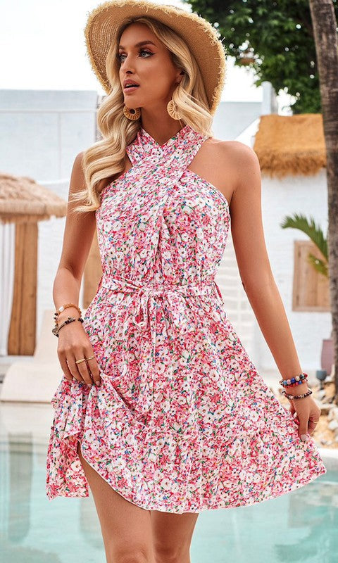 High-Neck Short Floral-Print Casual Summer Dress