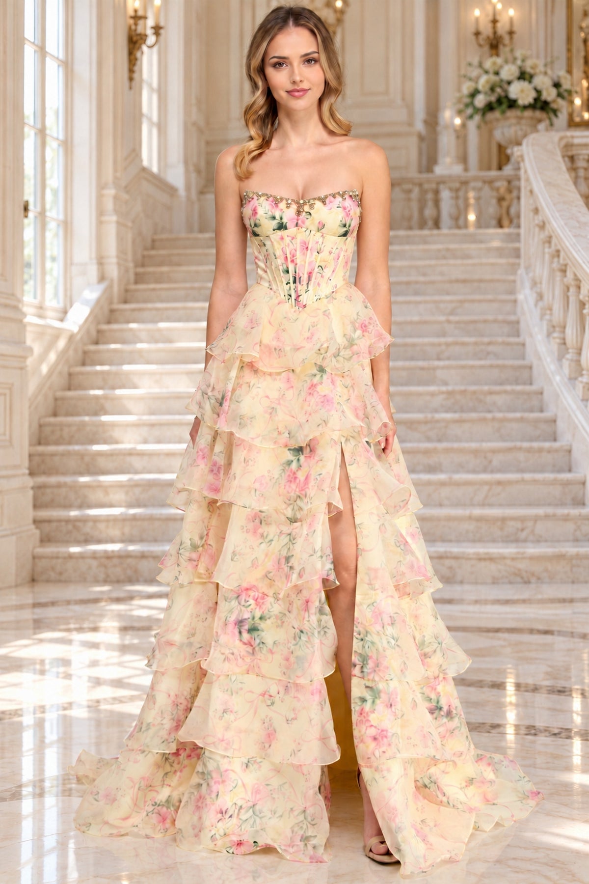 Amelia Couture 2092 floor-length, strapless floral prom dress with a corset bodice and a tiered skirt featuring a thigh-high slit.