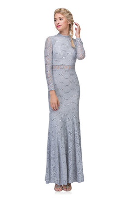 A woman stands against a white background, her hair in a side braid and one hand touching her head, wearing the Eureka 2095 Long Sleeve Sequin-Lace Formal Dress—a floor-length, light gray gown perfect for prom.