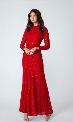 A woman in the affordable Eureka 2095 Long Sleeve Sequin-Lace Formal Dress—floor-length and red—pairs it with silver heels, posing against a plain light background.