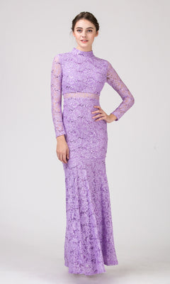 A woman wears the Eureka 2095, a long-sleeve, floor-length lavender sequin-lace formal dress featuring a high neckline and sheer lace details.