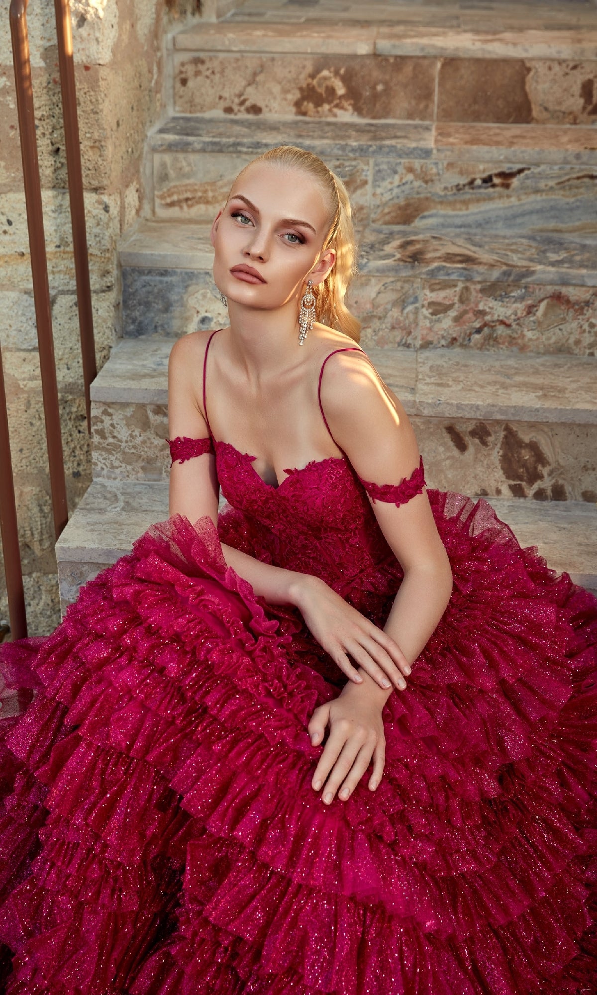 Raspberry Pink Long Glitter Prom Dress with Ruffles Raspberry / 00 Raspberry Pink Long Glitter Prom Dress with Ruffles Raspberry / 00