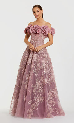 Purple Floral Embroidered Off The Shoulder A-Line Gown | Mac Duggal Mauve / US 6 Purple Floral Embroidered Off The Shoulder A-Line Gown | Mac Duggal Mauve / US 6