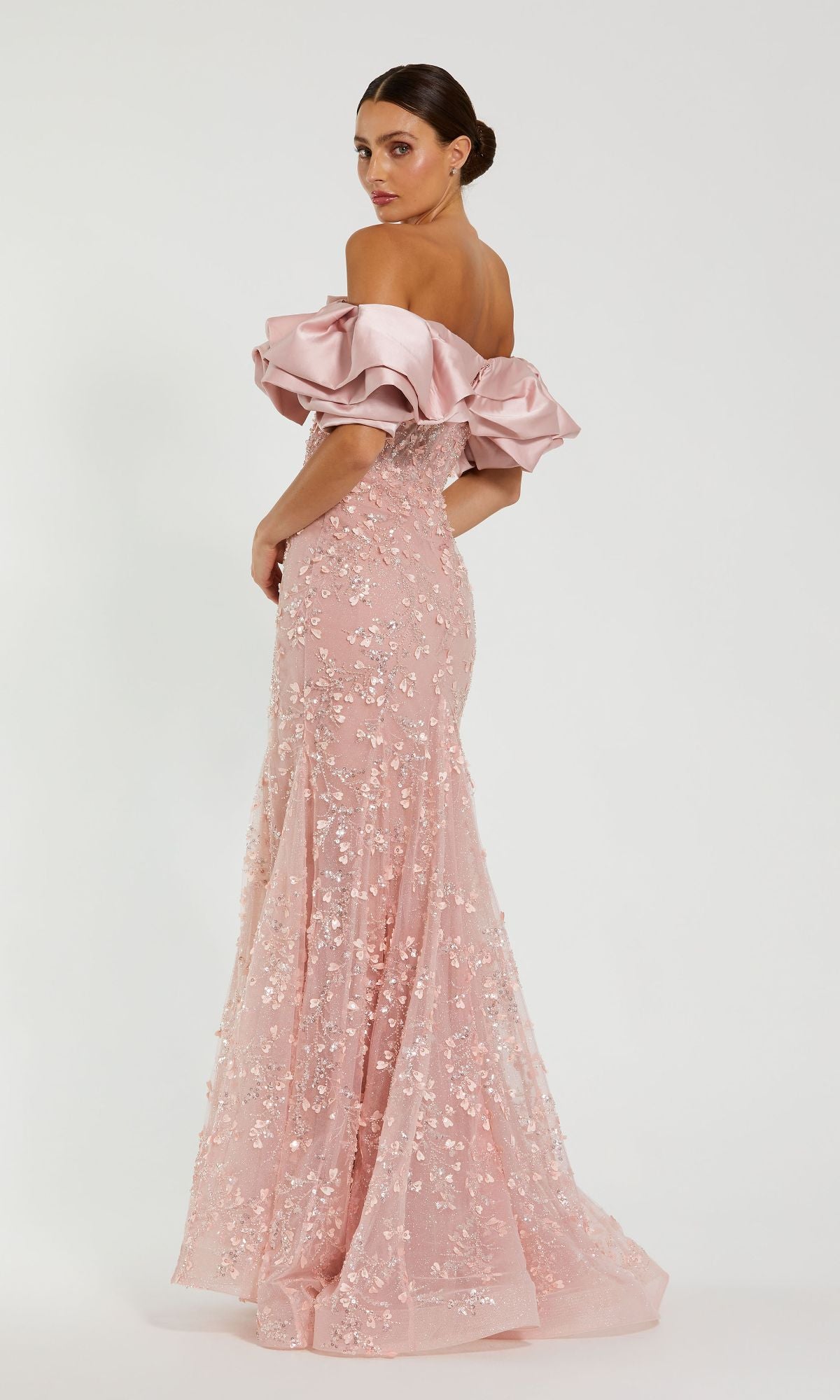 Off-the-Shoulder Long Pink Prom Dress with Beads– PromGirl
