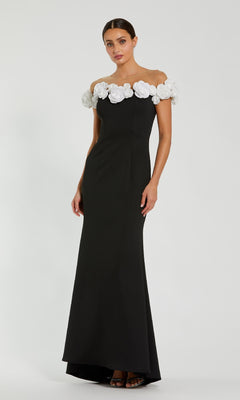 Mac Duggal - Black Crepe Mermaid Gown With 3D Flowers - Black Cream / US 14 Mac Duggal - Black Crepe Mermaid Gown With 3D Flowers - Black Cream / US 14
