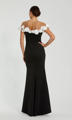 Mac Duggal - Black Crepe Mermaid Gown with 3D Flowers - Black Cream / US 14 Mac Duggal - Black Crepe Mermaid Gown with 3D Flowers - Black Cream / US 14