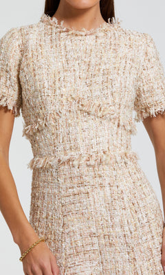 A woman wearing the Mac Duggal 21045 short-sleeve pink career dress; only her upper body is visible.
