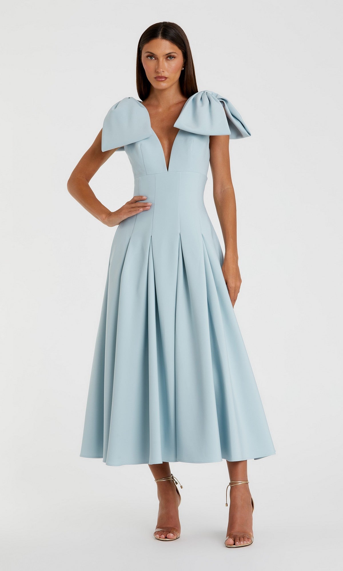 Pink Crepe A Line Midi Dress With Bow Straps