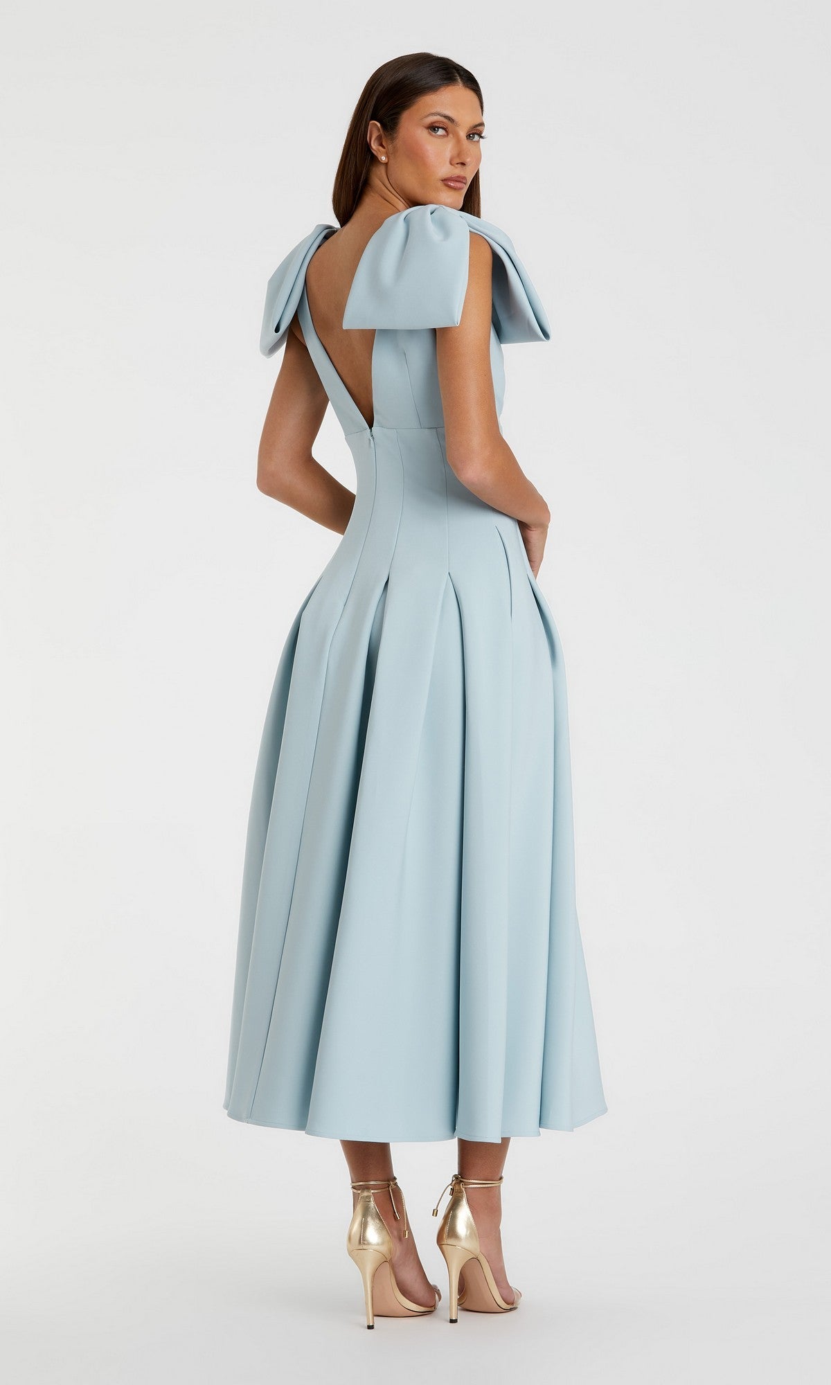 Pink Crepe A Line Midi Dress With Bow Straps