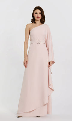 A woman models the Mac Duggal 21049 One-Sleeve Pink Formal Dress against a white background—ideal for mothers of the bride or any elegant event.