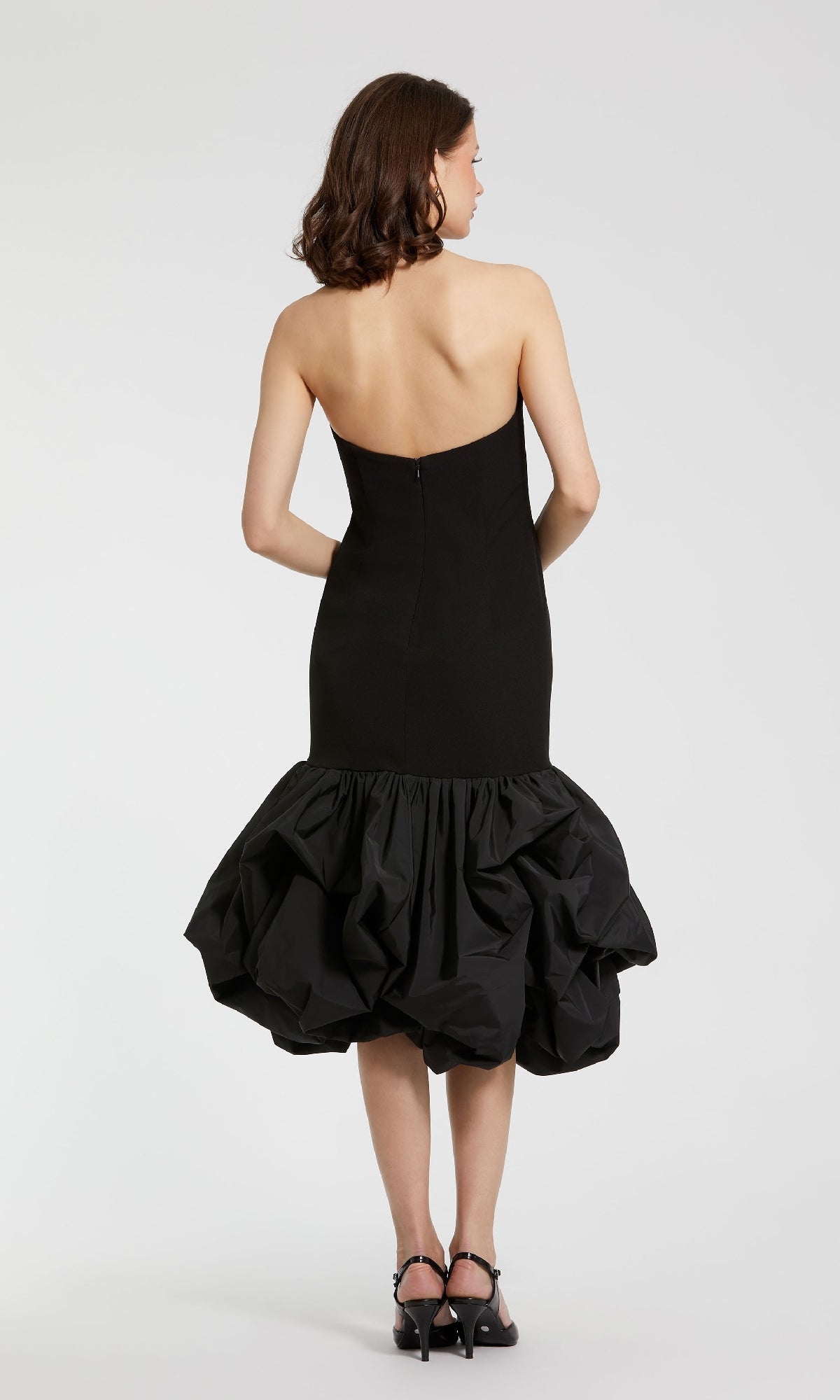 midi bubble dress Mac Duggal Women's Crepe Strapless Midi Dress With Taffeta Bubble Hem - Black