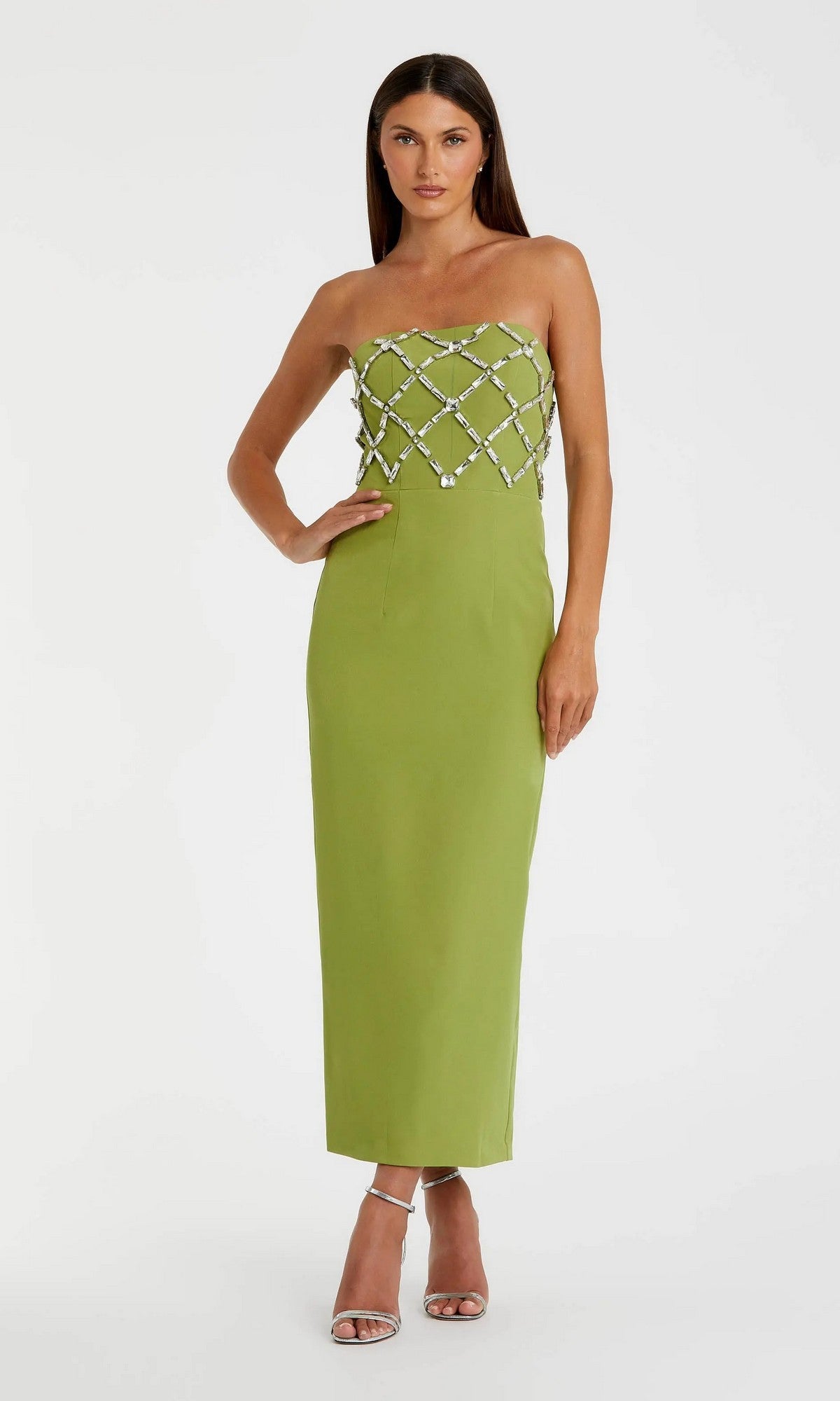 apple green wedding dresses Mac Duggal Women's Embellished Crepe Strapless Maxi Dress - The voluminous ball gown Titania Seafoam Sequin Maxi Color:Moonstruck Grey (1351) womens-shoes:More From Thursday