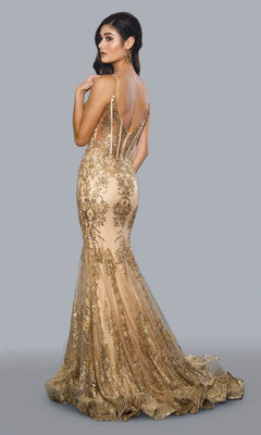 A woman poses against a plain grey background wearing the Corset-Bodice Sparkly Long Mermaid Prom Dress 21066—a fitted, gold sequin gown with thin straps and a low back.