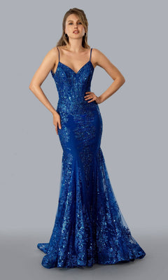 A woman models the Corset-Bodice Sparkly Long Mermaid Prom Dress 21066, featuring a fitted royal blue sequin design, spaghetti straps, and an embellished corset, set against a plain gray background.
