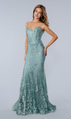A woman wears the Corset-Bodice Sparkly Long Mermaid Prom Dress 21066, a fitted, floor-length light blue sequin gown with thin straps and silver detailing, standing against a plain background.