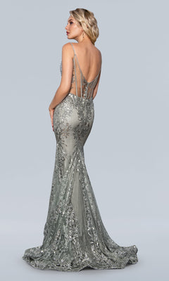 A woman models the Corset-Bodice Sparkly Long Mermaid Prom Dress 21066, a floor-length, silver-gray sequin gown with thin straps and intricate detailing, standing against a plain light gray background.