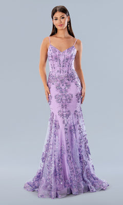 Woman wearing the Corset-Bodice Sparkly Long Mermaid Prom Dress 21066, a fitted, floor-length lavender gown with spaghetti straps and floral embellishments, set against a plain light gray background.