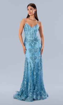 A woman models the Corset-Bodice Sparkly Long Mermaid Prom Dress 21066—a light blue sequin gown with thin straps, an embellished corset bodice, and intricate detailing—standing gracefully against a plain background.