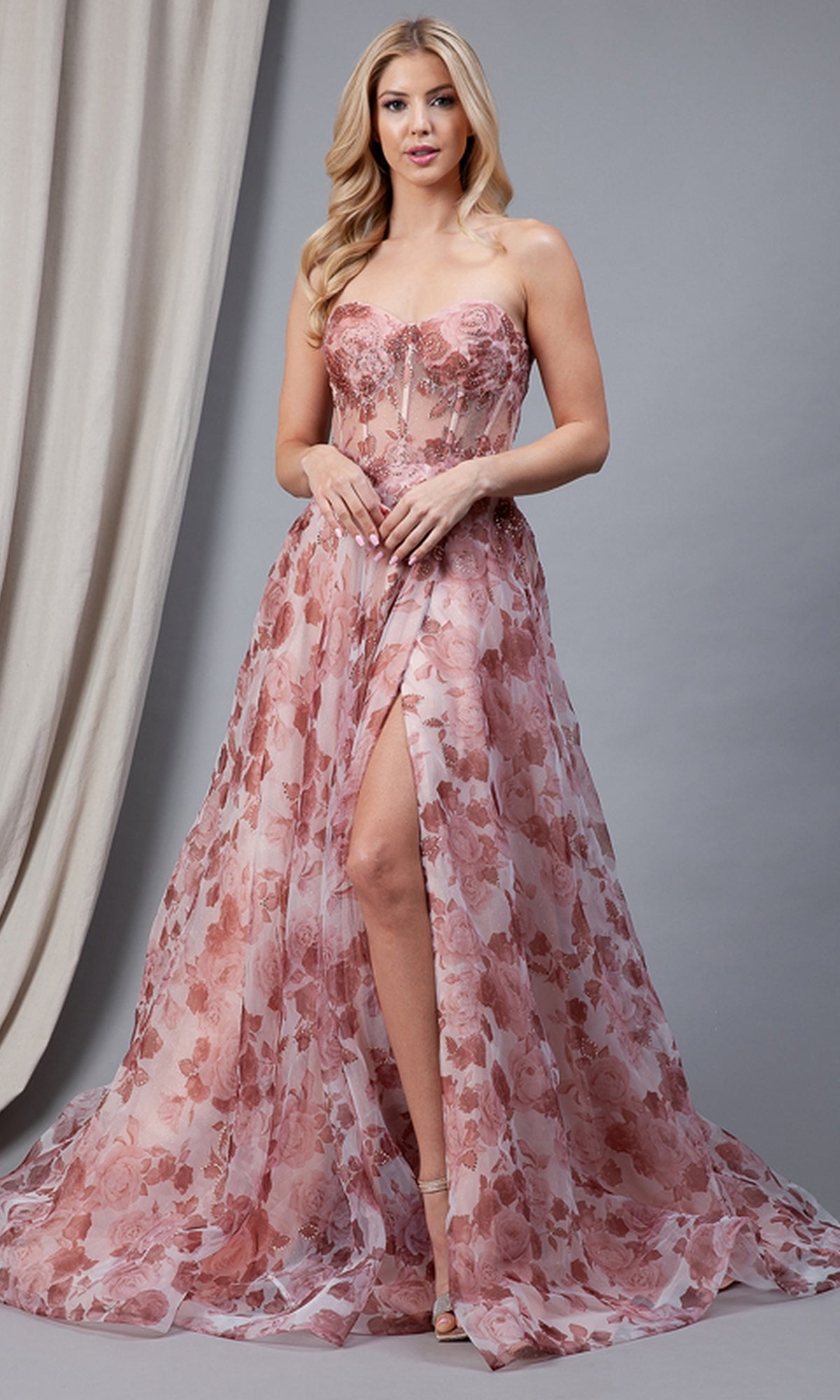 Sheer-Bodice Strapless Long Floral Prom Dress 2106