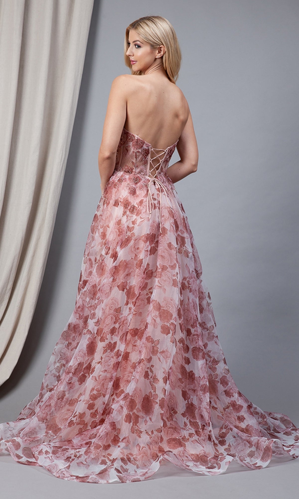 Strapless Long Prom Dress with Floral Print - PromGirl