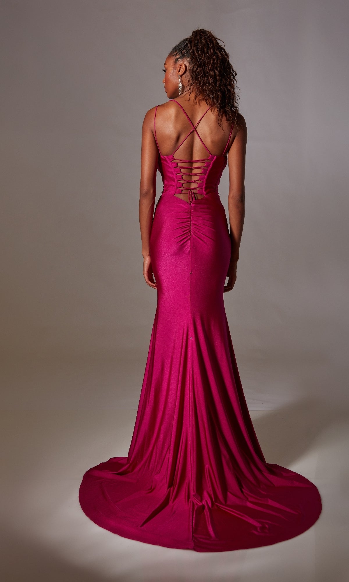 Lace-Up Tight Long Prom Dress with Plunging V-Neckline Cranberry / 18
