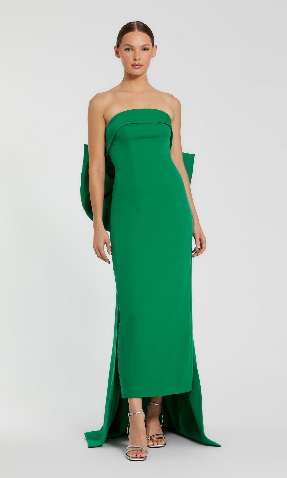 spring green formal dress Mac Duggal Strapless Satin Column Ankle With Bow Detail, Womens, 8, gold detail dress