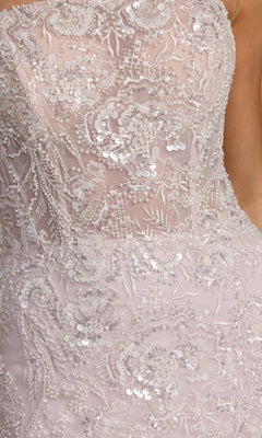 Close-up of the Mac Duggal 21147 long formal dress, a light pink strapless mermaid gown with intricate lace, sequins, and floral embroidery.