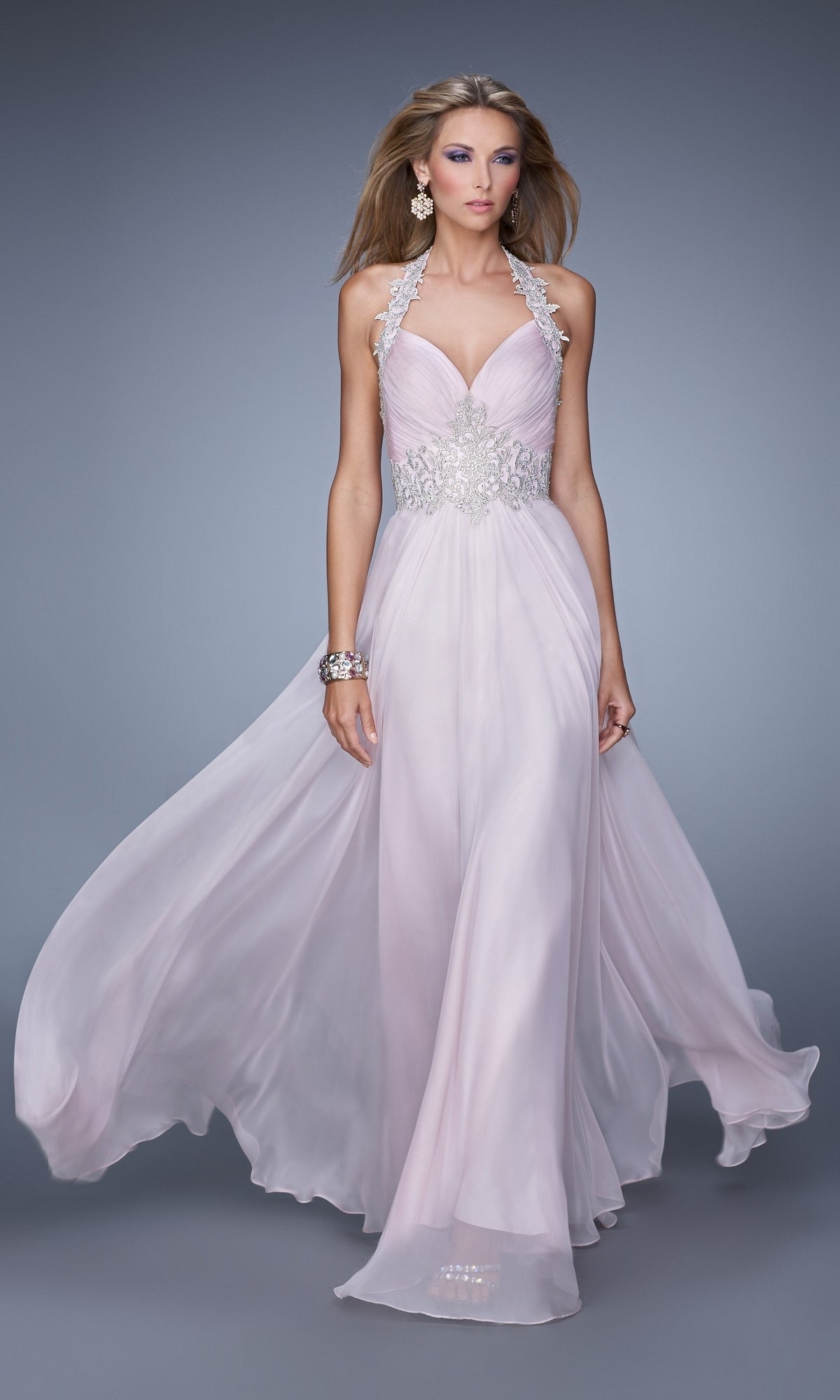 La Femme Backless Halter Chiffon Prom Dress 21161
