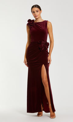 burgundy classy dress Mac Duggal High Neck Velvet Column Gown With 3D Flowers