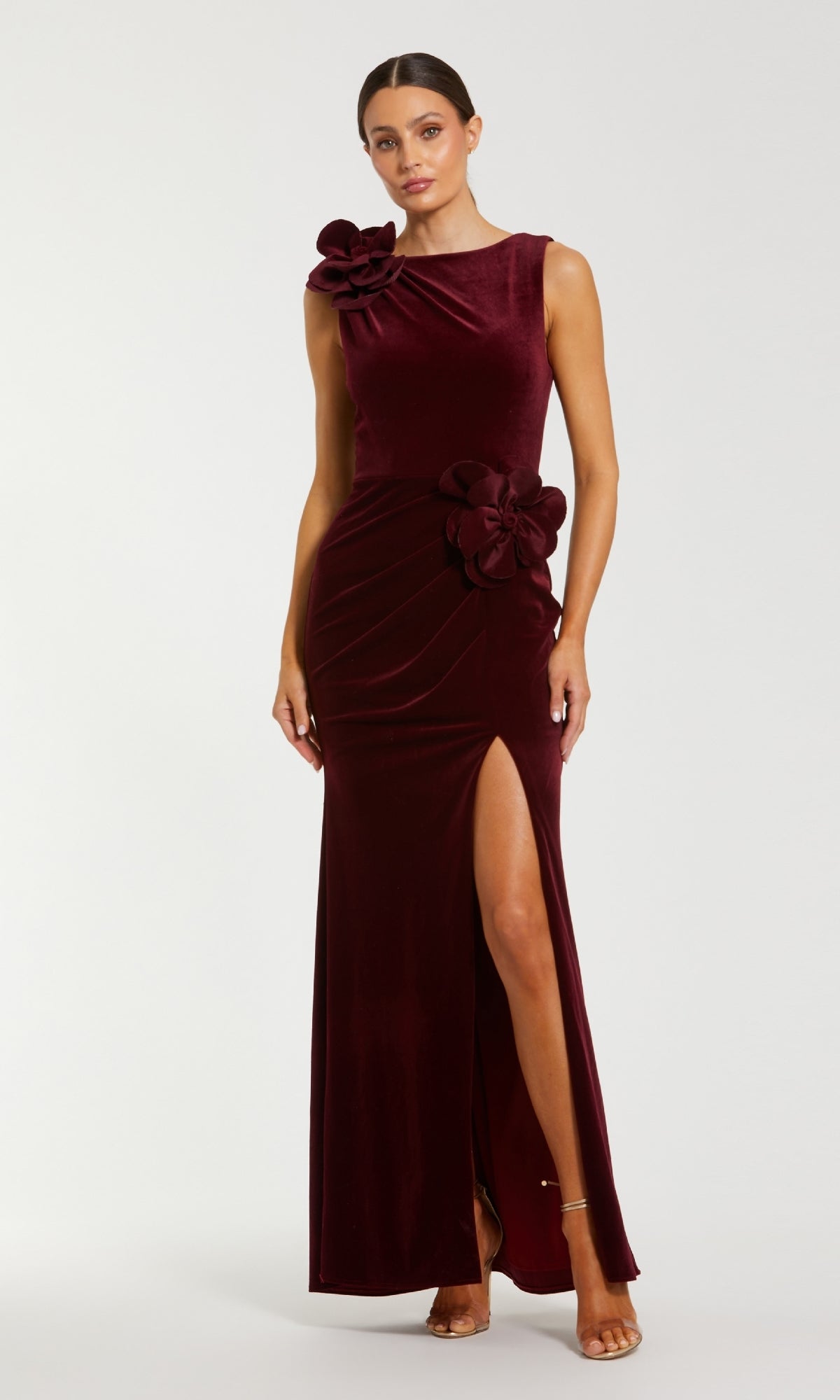 Burgundy High Neck Velvet Column Gown With 3D Flowers